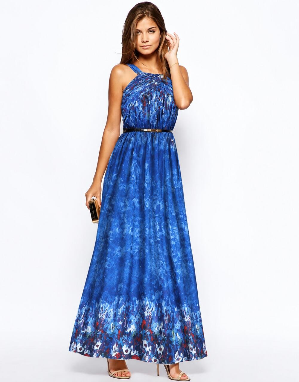 Little Mistress Watercolour Pleated Halter Maxi Dress Blue Size 4